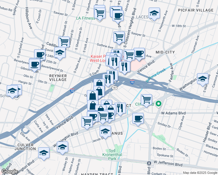 map of restaurants, bars, coffee shops, grocery stores, and more near 2501 South La Cienega Boulevard in Los Angeles
