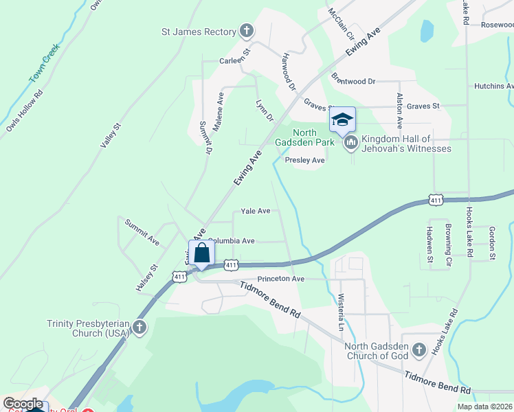 map of restaurants, bars, coffee shops, grocery stores, and more near 225 Yale Avenue in Gadsden