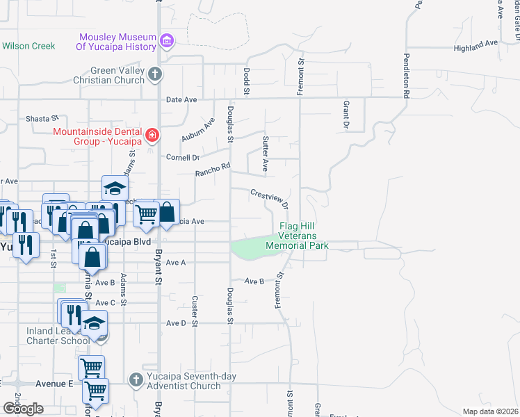map of restaurants, bars, coffee shops, grocery stores, and more near 11990 Sutter Avenue in Yucaipa