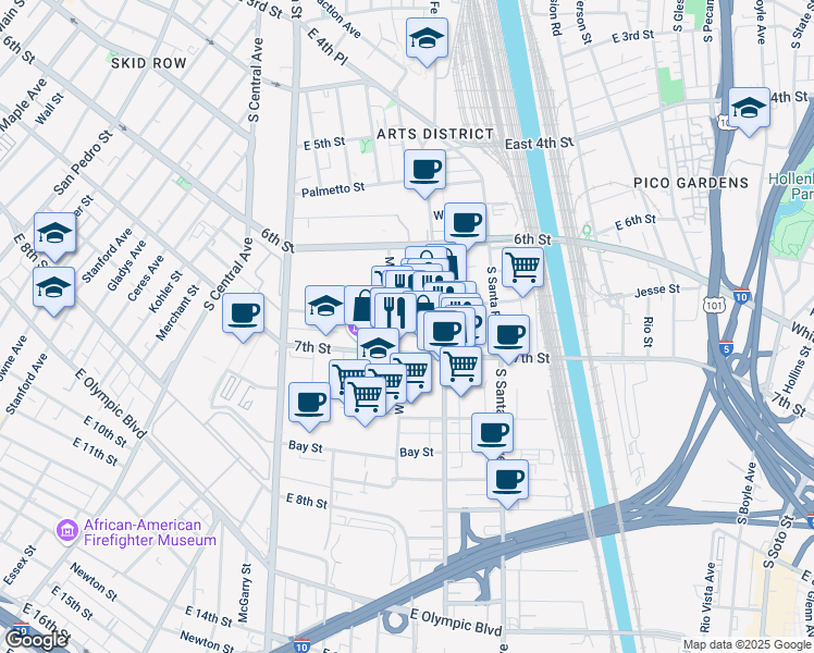 map of restaurants, bars, coffee shops, grocery stores, and more near 1820 Industrial Street in Los Angeles