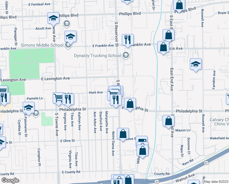 map of restaurants, bars, coffee shops, grocery stores, and more near 2041 South Reservoir Street in Pomona