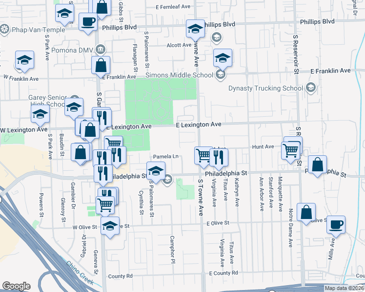 map of restaurants, bars, coffee shops, grocery stores, and more near 671 Pamela Lane in Pomona