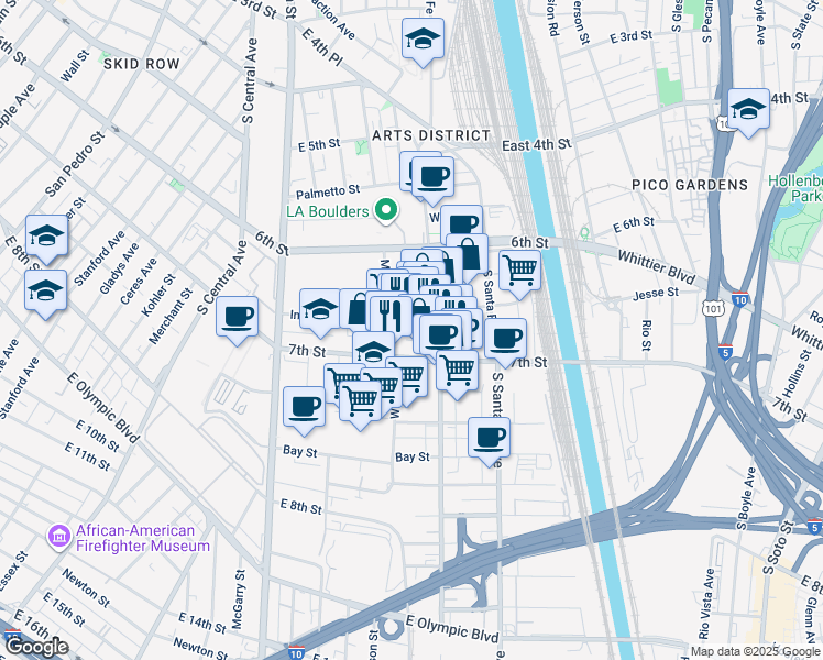 map of restaurants, bars, coffee shops, grocery stores, and more near 1917 East 7th Street in Los Angeles