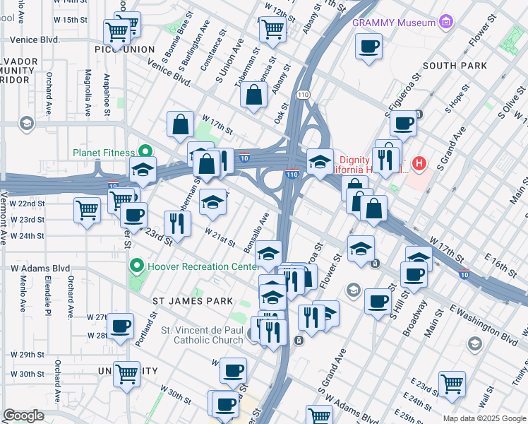 map of restaurants, bars, coffee shops, grocery stores, and more near 716 West Washington Boulevard in Los Angeles