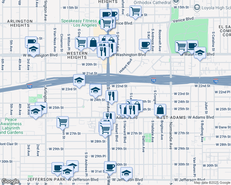 map of restaurants, bars, coffee shops, grocery stores, and more near 2249 South Hobart Boulevard in Los Angeles