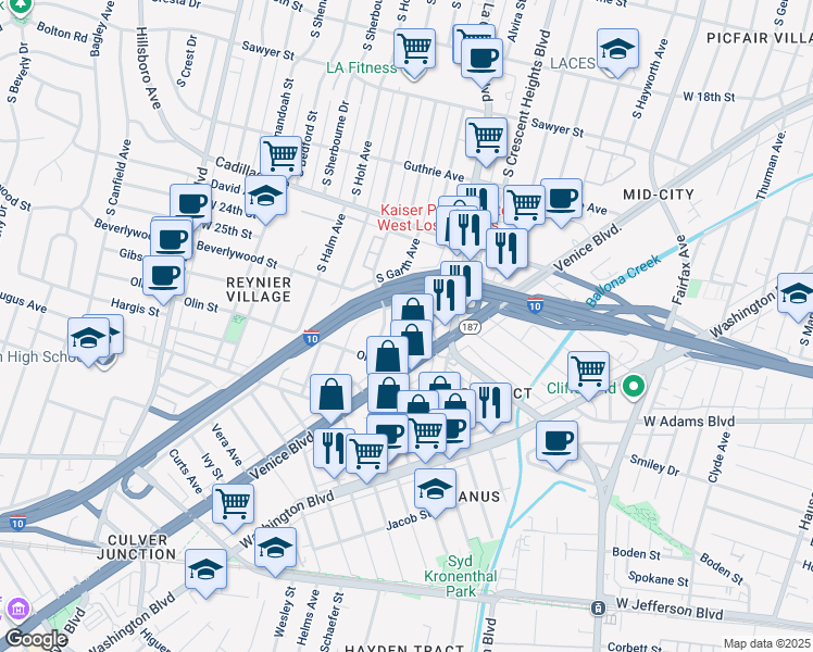 map of restaurants, bars, coffee shops, grocery stores, and more near 2641 Chariton Street in Los Angeles