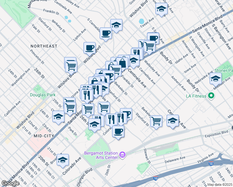 map of restaurants, bars, coffee shops, grocery stores, and more near 1507 Stanford Street in Santa Monica