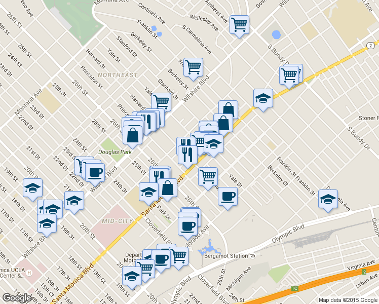 map of restaurants, bars, coffee shops, grocery stores, and more near 2715 Santa Monica Boulevard in Santa Monica