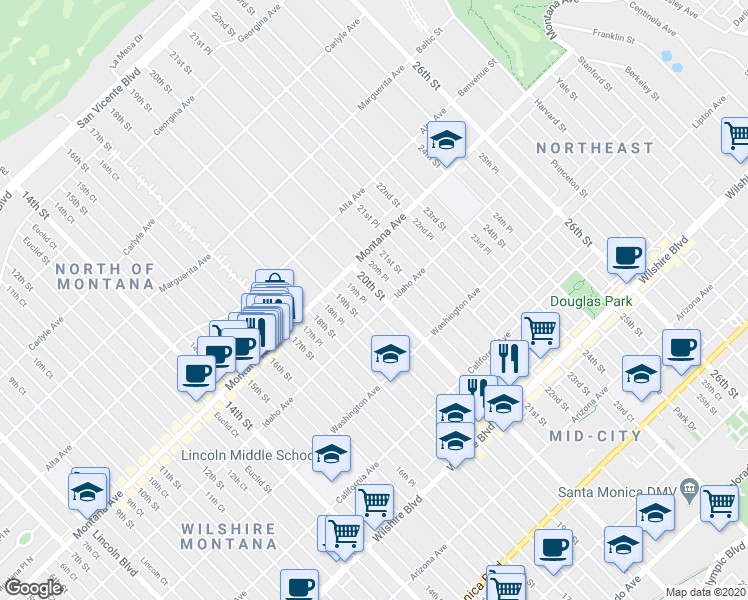 map of restaurants, bars, coffee shops, grocery stores, and more near 1934 Idaho Avenue in Santa Monica
