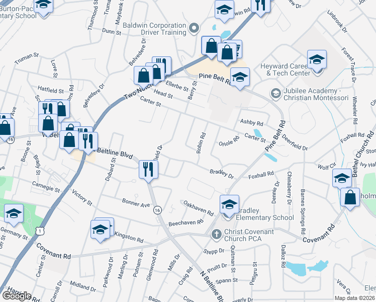 map of restaurants, bars, coffee shops, grocery stores, and more near 1604 Bradley Drive in Columbia