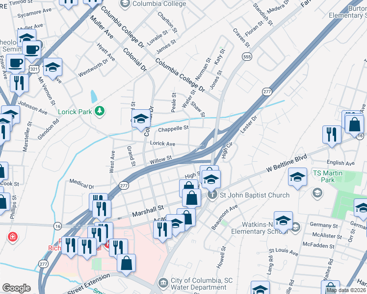 map of restaurants, bars, coffee shops, grocery stores, and more near 2321 Willow Street in Columbia