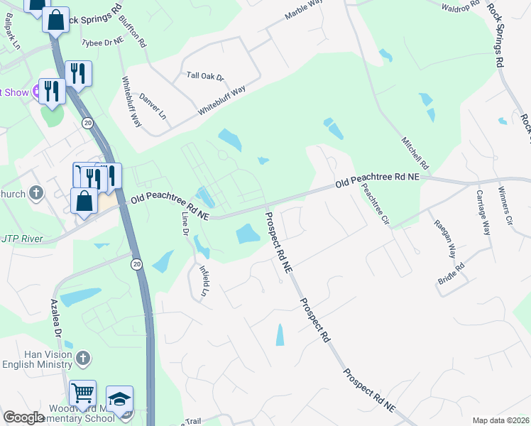 map of restaurants, bars, coffee shops, grocery stores, and more near 1689 Wilford Drive Northeast in Lawrenceville