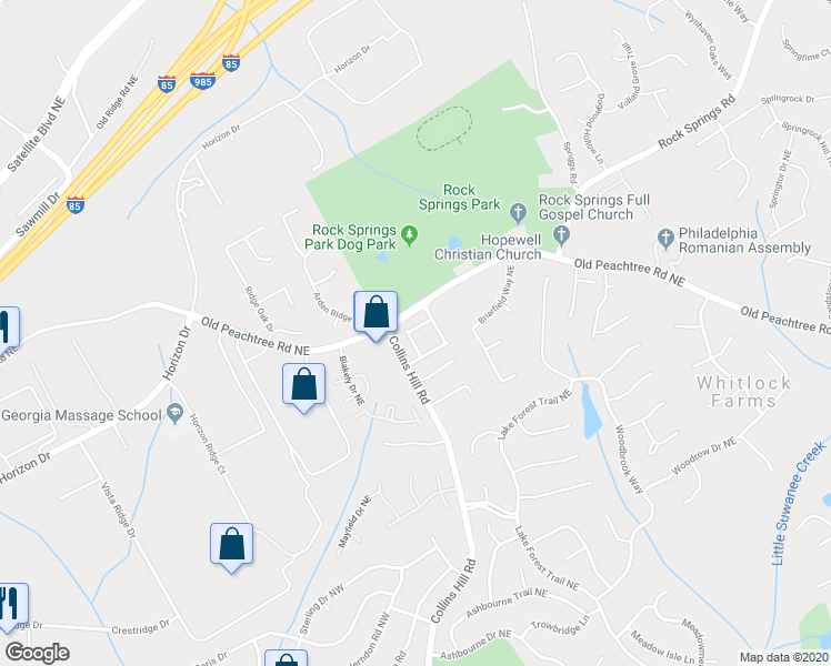 map of restaurants, bars, coffee shops, grocery stores, and more near 2837 Peachstone Court Northeast in Lawrenceville