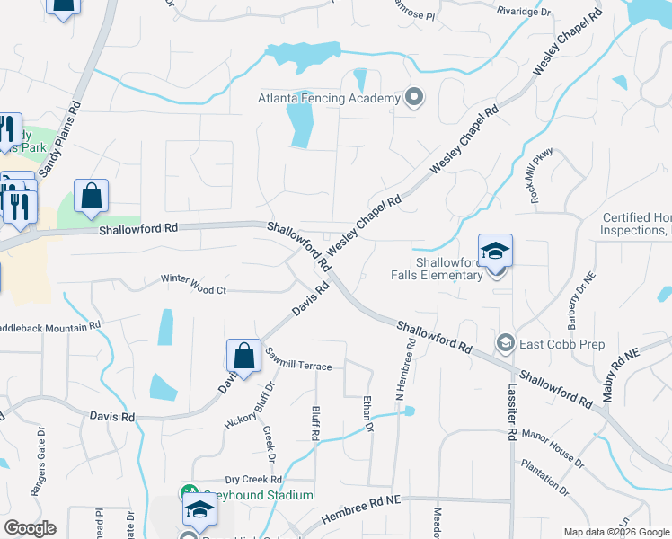 map of restaurants, bars, coffee shops, grocery stores, and more near 3625 Shallowford Road in Marietta