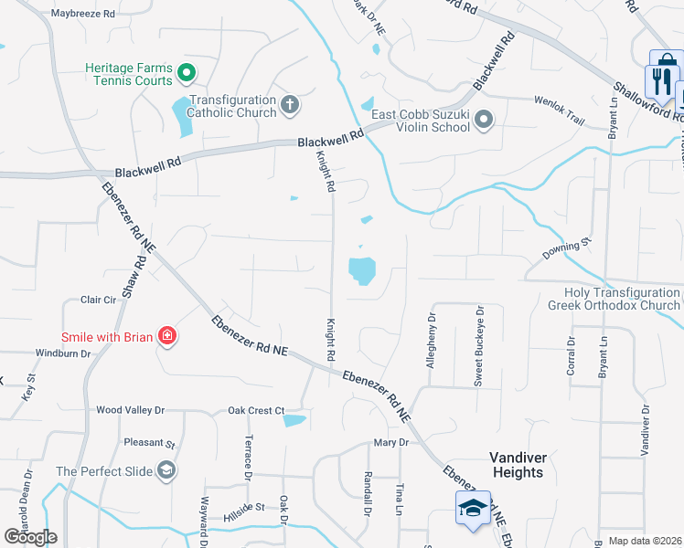 map of restaurants, bars, coffee shops, grocery stores, and more near 1807 Lake Ebenezer Trail Northeast in Marietta