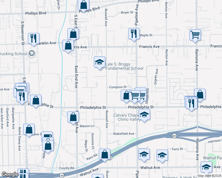 map of restaurants, bars, coffee shops, grocery stores, and more near 3931 Compton Street in Chino