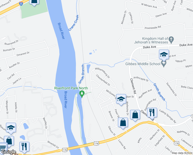 map of restaurants, bars, coffee shops, grocery stores, and more near 4225 Chesterfield Drive in Columbia