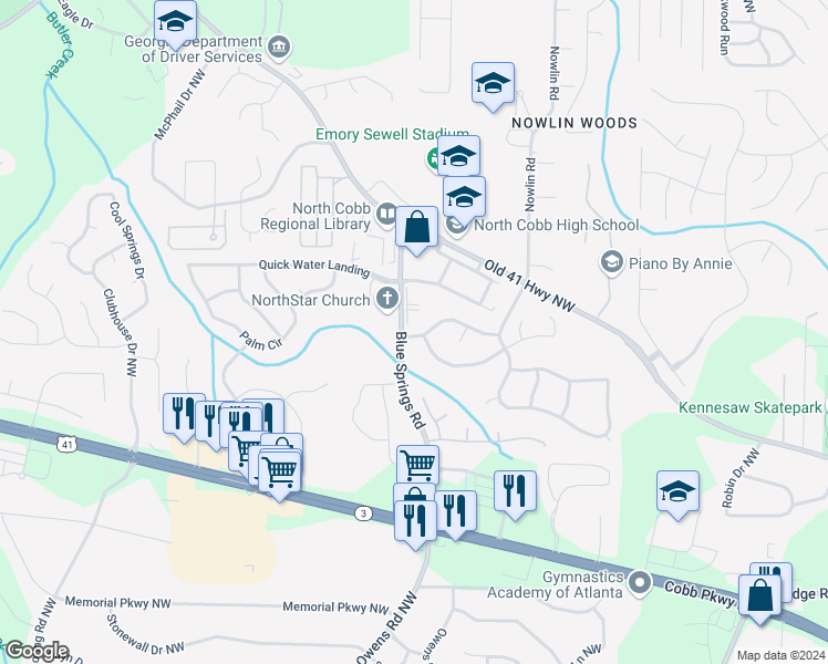 map of restaurants, bars, coffee shops, grocery stores, and more near 3420 Washington Commons in Kennesaw