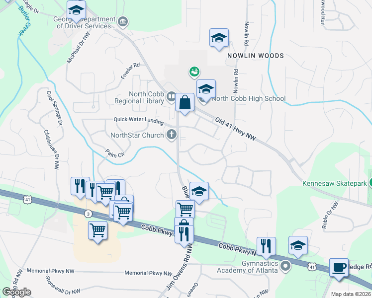 map of restaurants, bars, coffee shops, grocery stores, and more near 3421 Washington Commons in Kennesaw