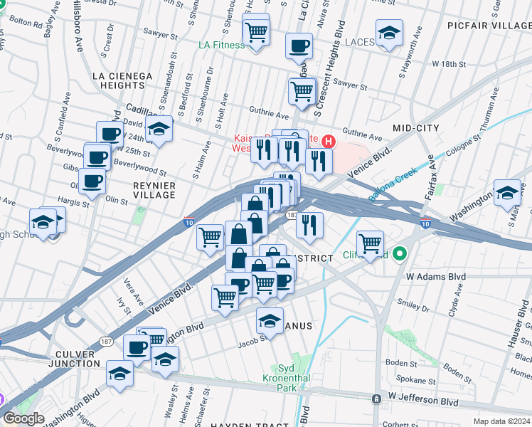 map of restaurants, bars, coffee shops, grocery stores, and more near 8524 Beverlywood Street in Los Angeles