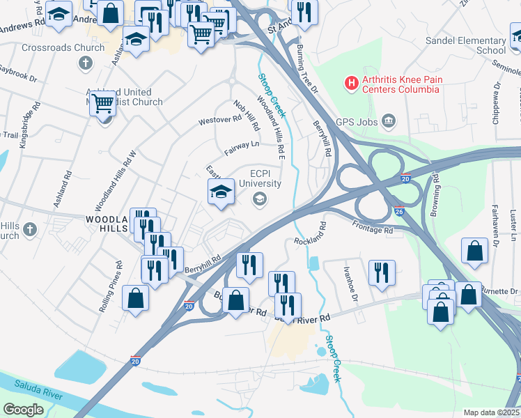 map of restaurants, bars, coffee shops, grocery stores, and more near 250 Berryhill Road in Columbia
