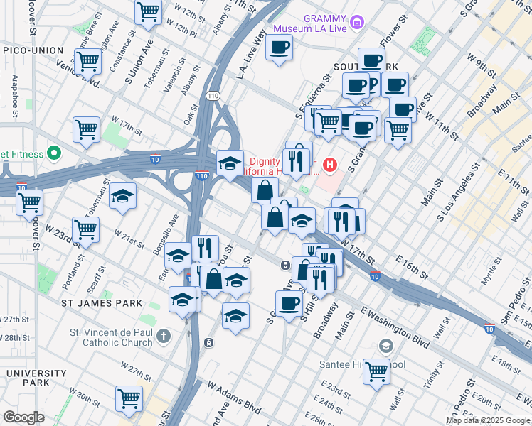 map of restaurants, bars, coffee shops, grocery stores, and more near 1815 Flower Street in Los Angeles