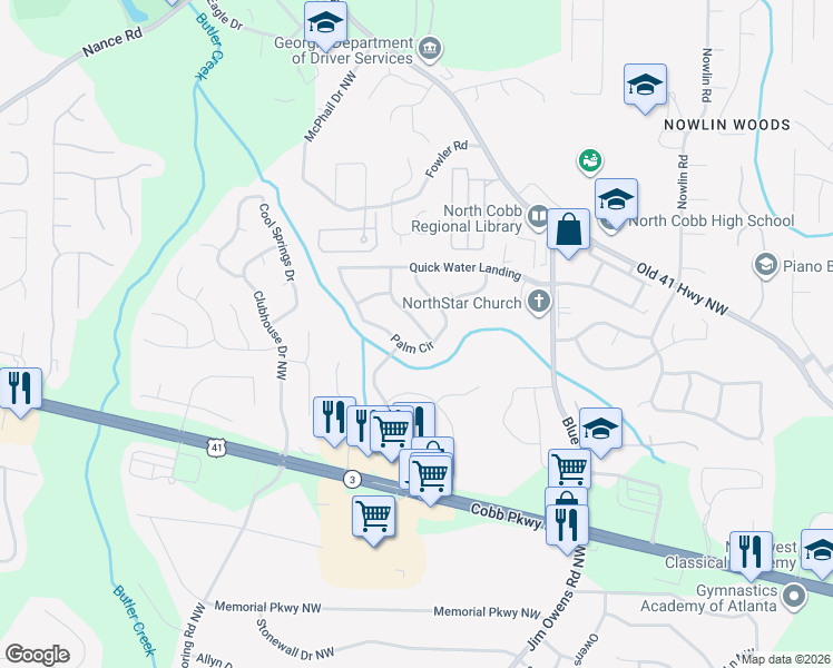 map of restaurants, bars, coffee shops, grocery stores, and more near 3396 Palm Circle in Kennesaw