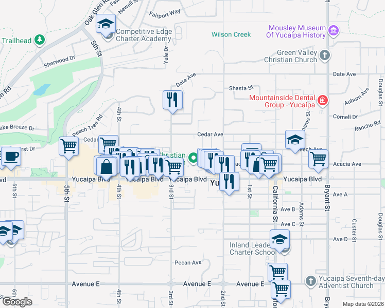 map of restaurants, bars, coffee shops, grocery stores, and more near 34784 Acacia Avenue in Yucaipa