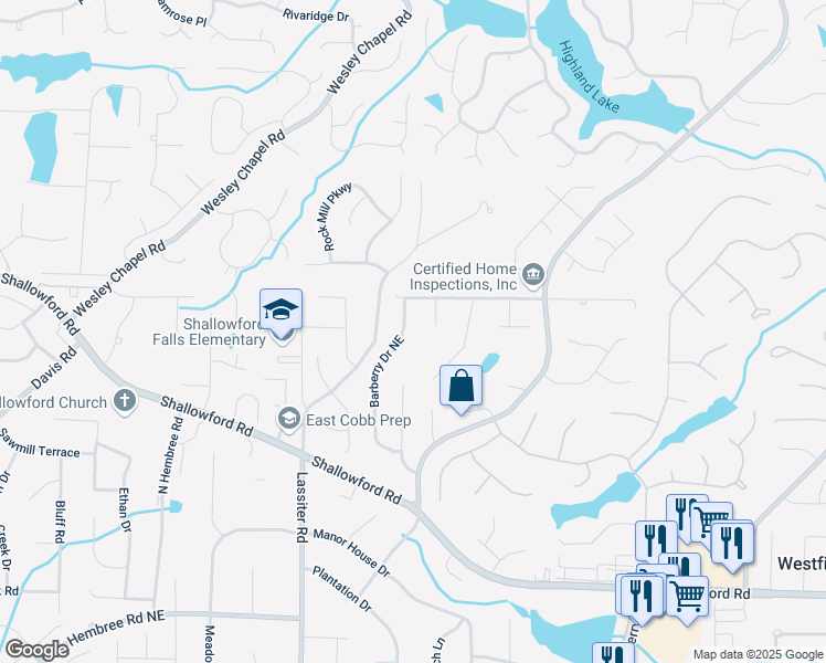 map of restaurants, bars, coffee shops, grocery stores, and more near 4152 Barberry Drive Northeast in Roswell