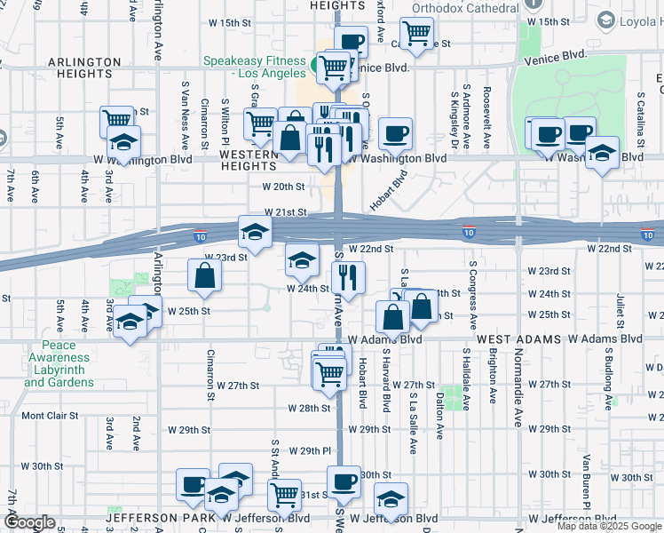 map of restaurants, bars, coffee shops, grocery stores, and more near 2231 South Western Avenue in Los Angeles