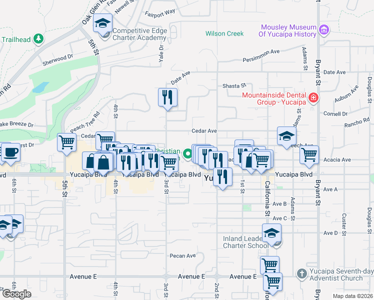 map of restaurants, bars, coffee shops, grocery stores, and more near 34784 Acacia Avenue in Yucaipa
