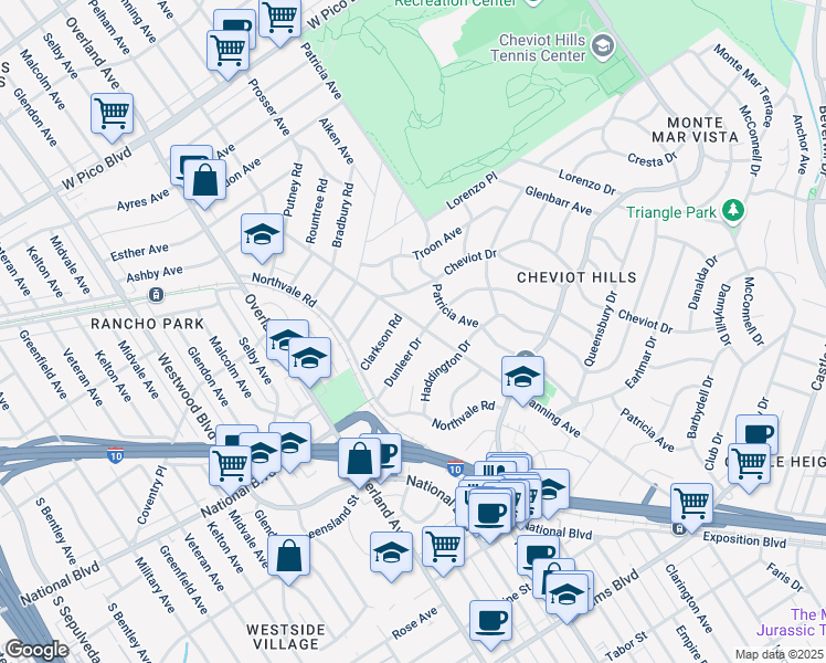 map of restaurants, bars, coffee shops, grocery stores, and more near 10507 Dunleer Drive in Los Angeles