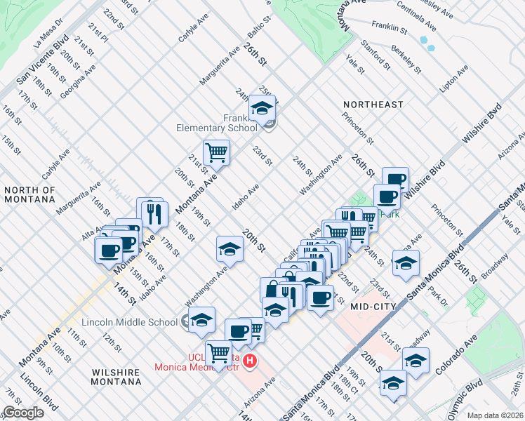 map of restaurants, bars, coffee shops, grocery stores, and more near 933 21st Street in Santa Monica