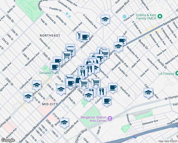 map of restaurants, bars, coffee shops, grocery stores, and more near in Santa Monica