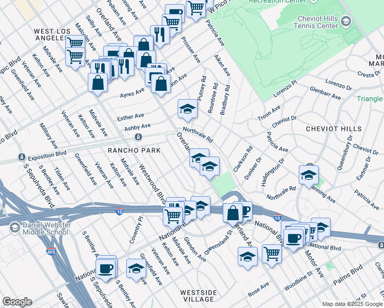 map of restaurants, bars, coffee shops, grocery stores, and more near Overland Avenue & Coventry Place in Los Angeles