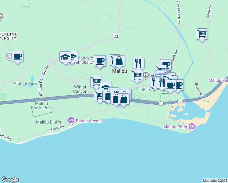 map of restaurants, bars, coffee shops, grocery stores, and more near  in Malibu