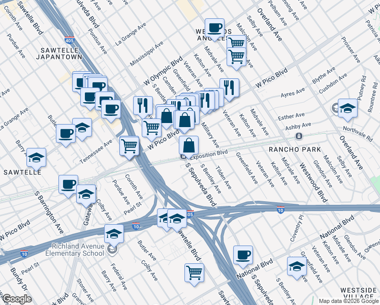 map of restaurants, bars, coffee shops, grocery stores, and more near 2510 South Sepulveda Boulevard in Los Angeles
