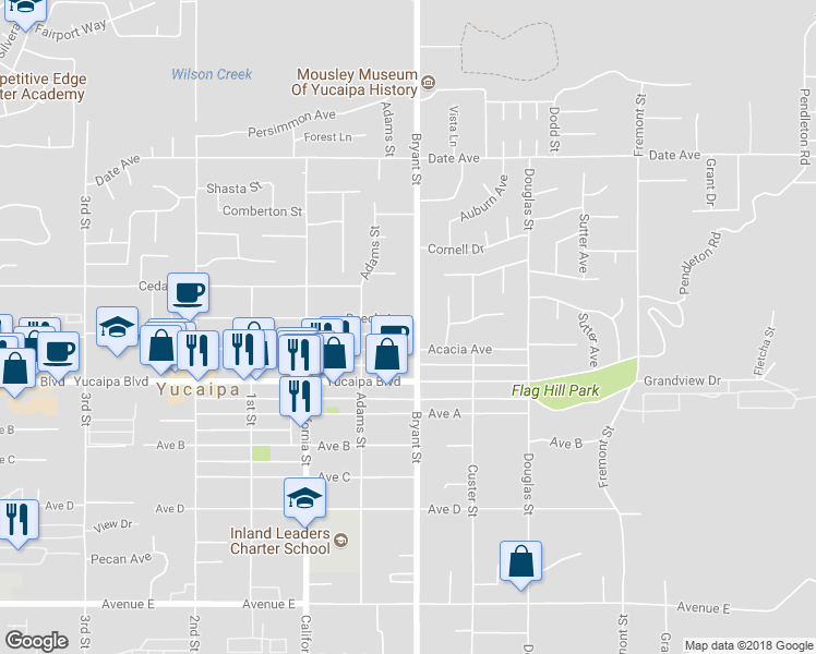 map of restaurants, bars, coffee shops, grocery stores, and more near 35287 Beech Avenue in Yucaipa