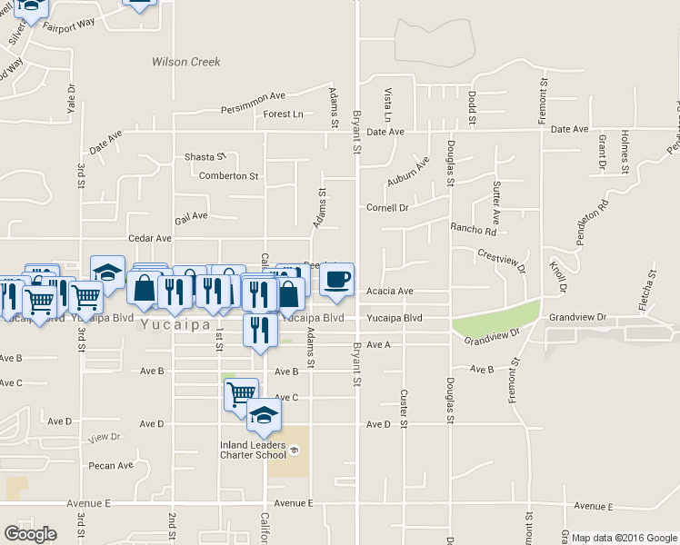 map of restaurants, bars, coffee shops, grocery stores, and more near 35263 Beech Avenue in Yucaipa