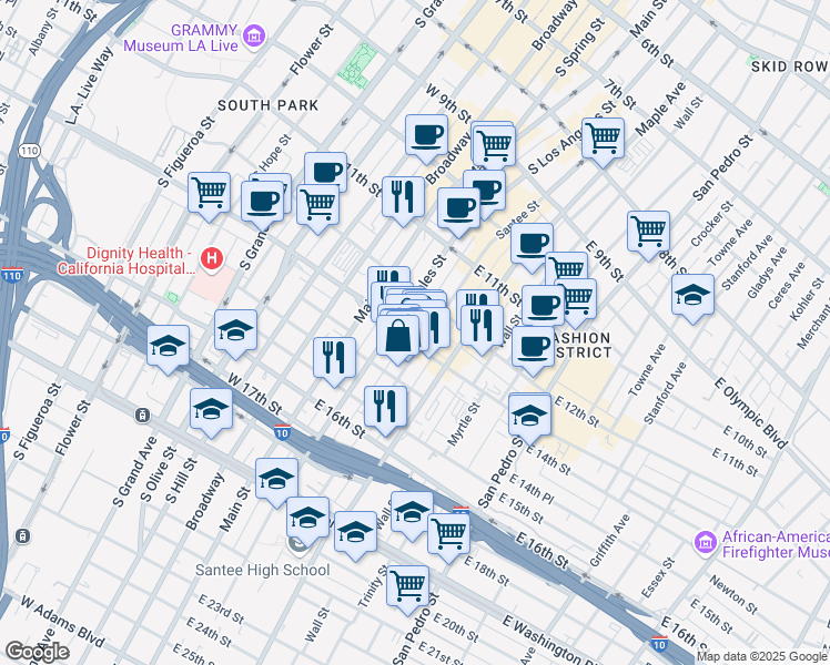 map of restaurants, bars, coffee shops, grocery stores, and more near 230 East Pico Boulevard in Los Angeles