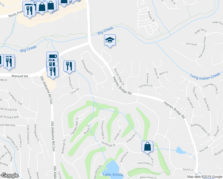 map of restaurants, bars, coffee shops, grocery stores, and more near 10570 Haynes Valley Court in Alpharetta