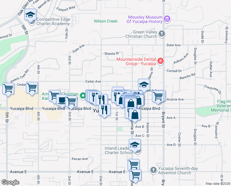 map of restaurants, bars, coffee shops, grocery stores, and more near 11992 1st Street in Yucaipa