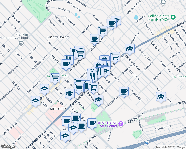 map of restaurants, bars, coffee shops, grocery stores, and more near 1329 Harvard Street in Santa Monica