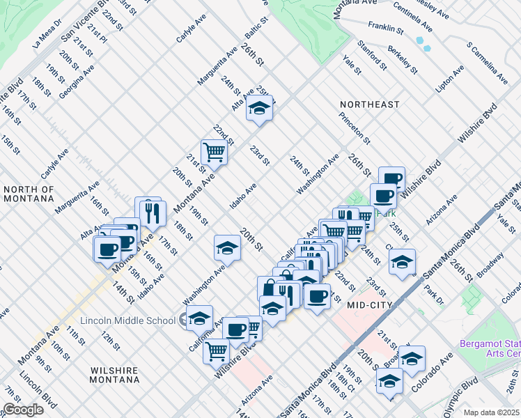 map of restaurants, bars, coffee shops, grocery stores, and more near 933 21st Street in Santa Monica