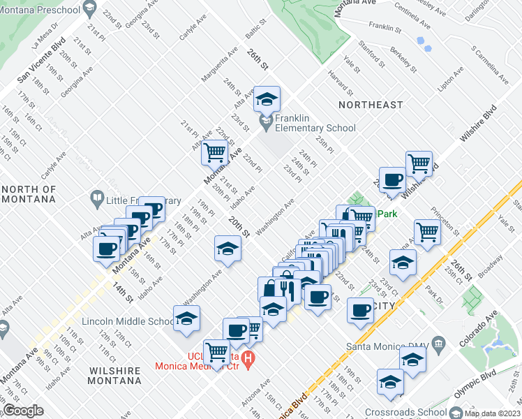 map of restaurants, bars, coffee shops, grocery stores, and more near 933 21st Street in Santa Monica