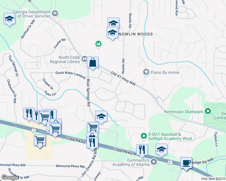 map of restaurants, bars, coffee shops, grocery stores, and more near 3388 Washington Commons in Kennesaw