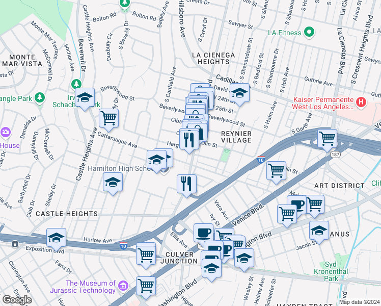 map of restaurants, bars, coffee shops, grocery stores, and more near 2868 South Robertson Boulevard in Los Angeles