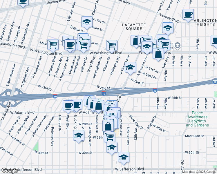 map of restaurants, bars, coffee shops, grocery stores, and more near 2220 Wellington Road in Los Angeles