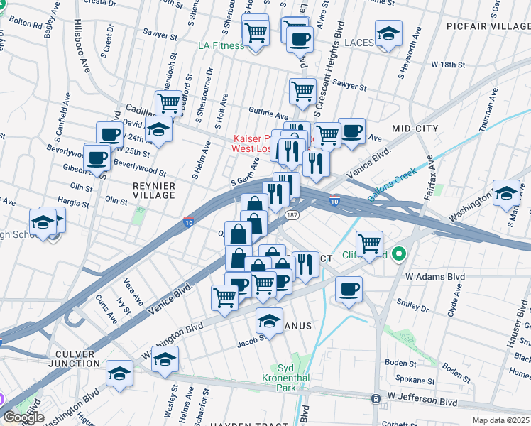 map of restaurants, bars, coffee shops, grocery stores, and more near 8524 Beverlywood Street in Los Angeles