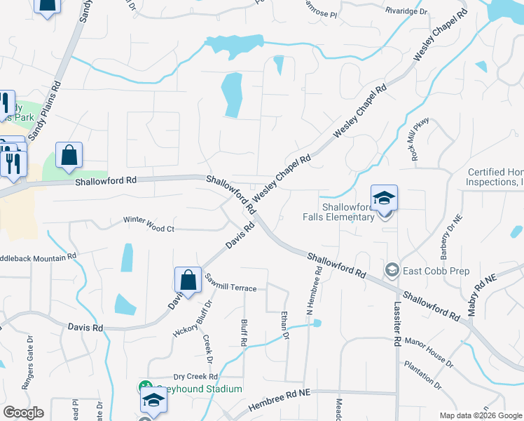 map of restaurants, bars, coffee shops, grocery stores, and more near 3625 Shallowford Road in Marietta